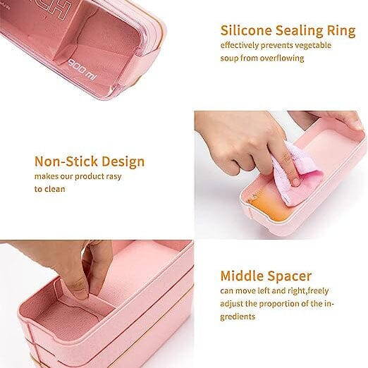 3-Layer Stackable Bento Box Japanese Lunch Box Kit with Spoon & Fork
